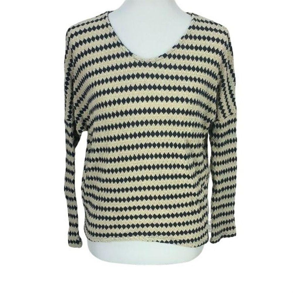 Viola Blue Diamond Striped 3/4 Sleeve  Pullover Sweater Blouse Medium‎